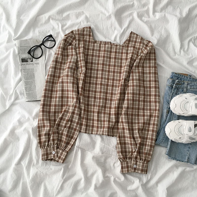 Γυναικείο καρό πουκάμισο με κουμπιά και φαρδιά μανίκια