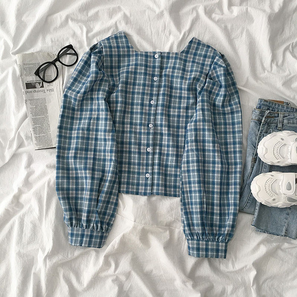 Γυναικείο καρό πουκάμισο με κουμπιά και φαρδιά μανίκια