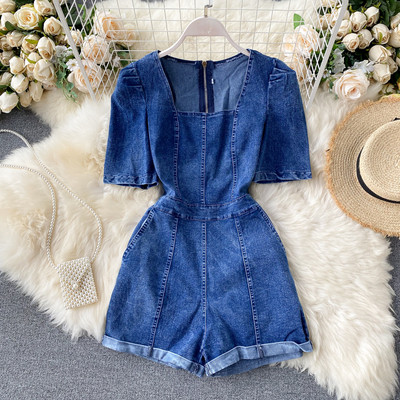 Női farmer overál négyzet alakú nyakkivágással