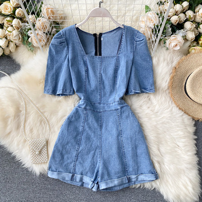 Női farmer overál négyzet alakú nyakkivágással