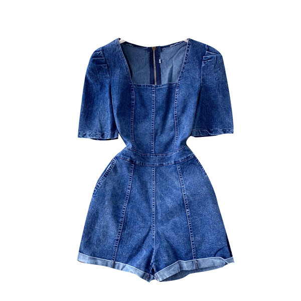 Női farmer overál négyzet alakú nyakkivágással