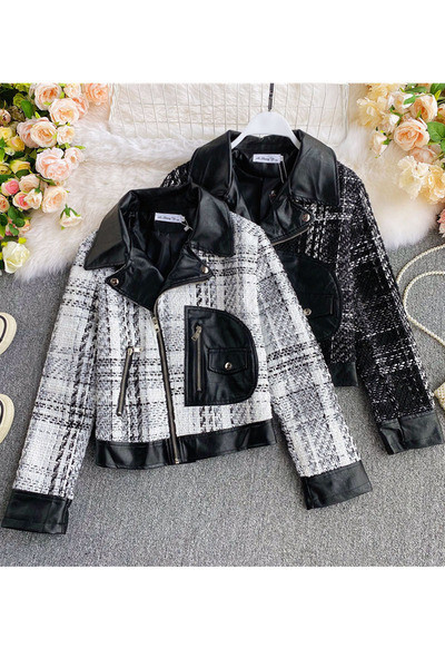 Női alkalmi kabát cipzárral, fekete-fehér színben