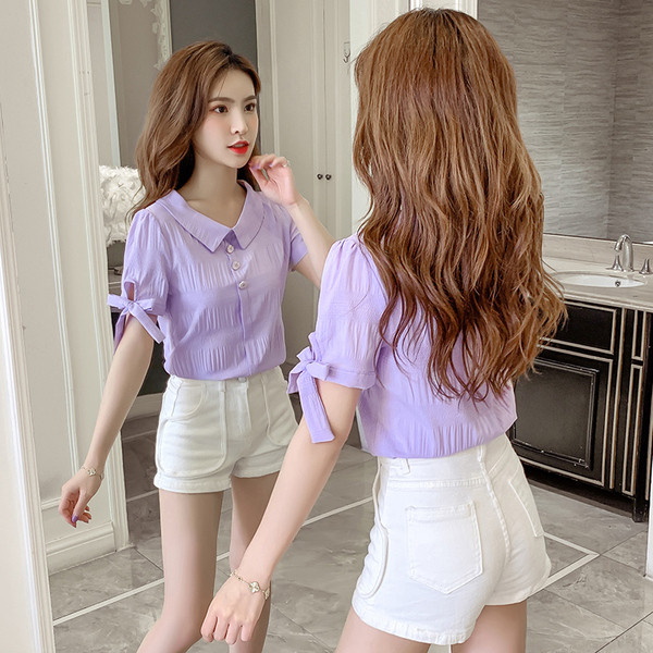 Cămașă modernă de șifon de damă cu mâneci scurte