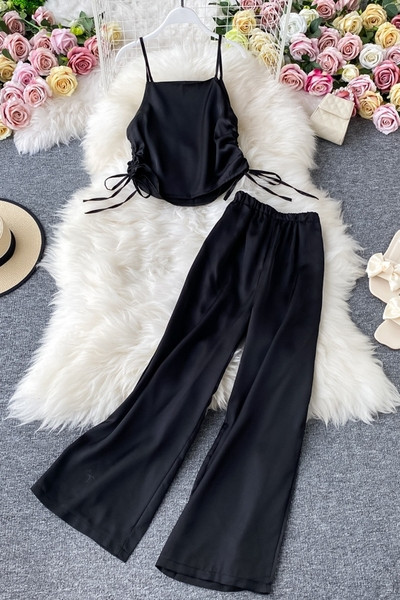 Moodne naiste pikkade pükste ja lipsudega pükste komplekt