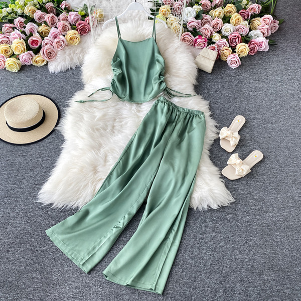 Moodne naiste pikkade pükste ja lipsudega pükste komplekt