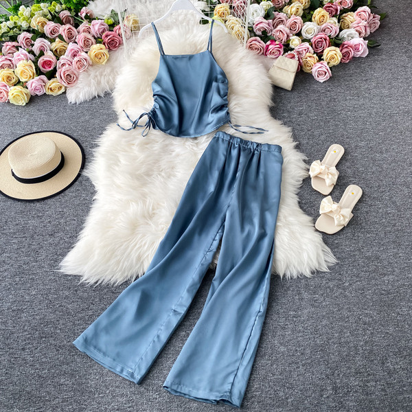 Moodne naiste pikkade pükste ja lipsudega pükste komplekt