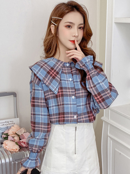 Retro stílusú kockás női ing kerek nyakkivágással és hosszú ujjal