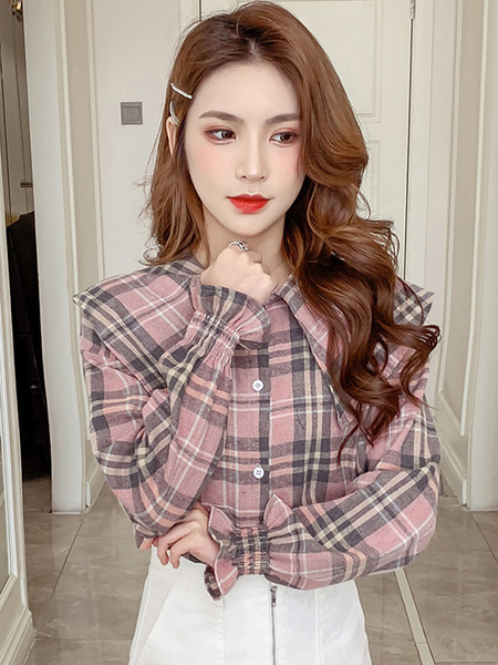 Retro stílusú kockás női ing kerek nyakkivágással és hosszú ujjal