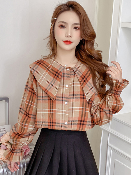 Retro stílusú kockás női ing kerek nyakkivágással és hosszú ujjal