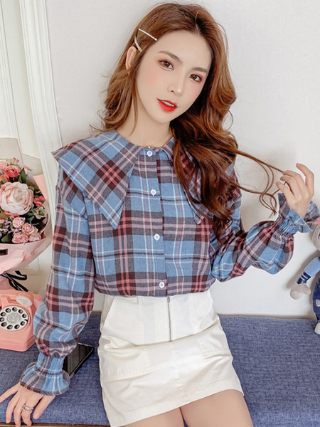 Retro stílusú kockás női ing kerek nyakkivágással és hosszú ujjal