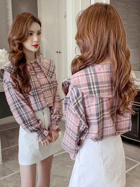 Retro stílusú kockás női ing kerek nyakkivágással és hosszú ujjal