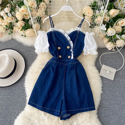 Μοντέρνα γυναικεία ολόσωμη φόρμα τζιν με μανίκια και κουμπιά