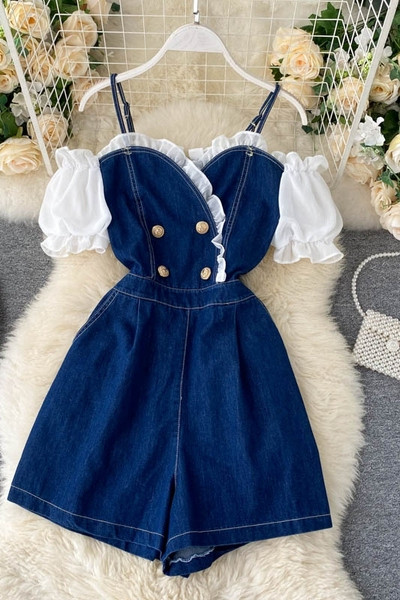 Μοντέρνα γυναικεία ολόσωμη φόρμα τζιν με μανίκια και κουμπιά