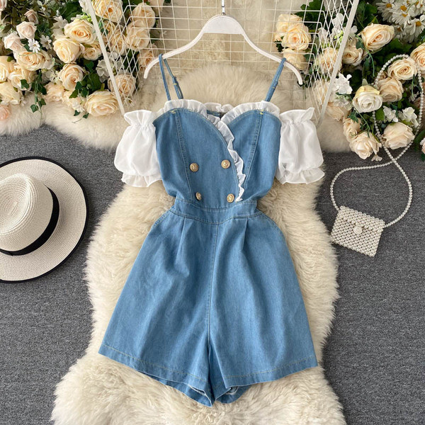 Μοντέρνα γυναικεία ολόσωμη φόρμα τζιν με μανίκια και κουμπιά