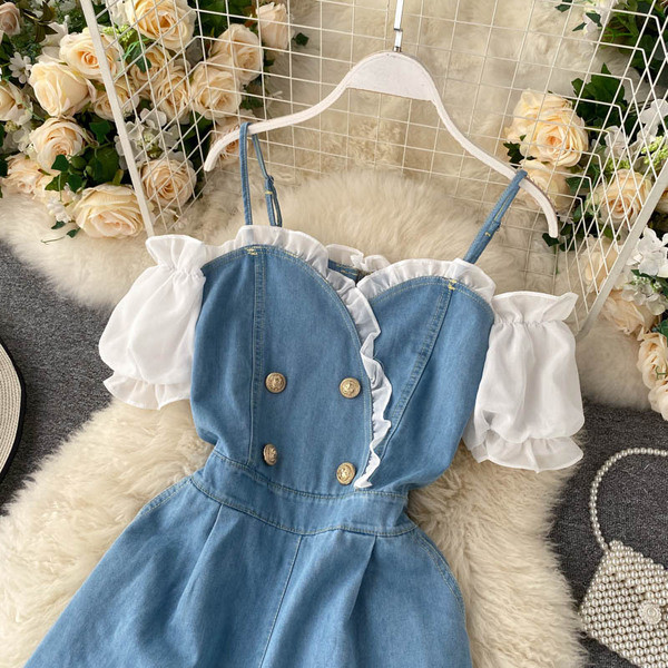 Μοντέρνα γυναικεία ολόσωμη φόρμα τζιν με μανίκια και κουμπιά