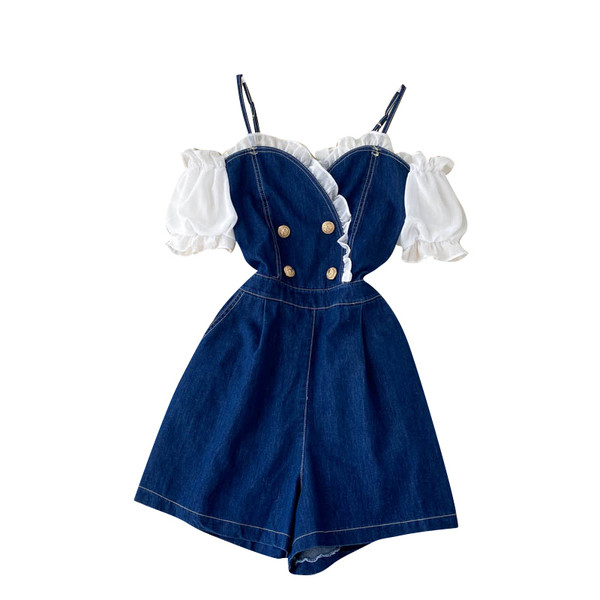 Μοντέρνα γυναικεία ολόσωμη φόρμα τζιν με μανίκια και κουμπιά