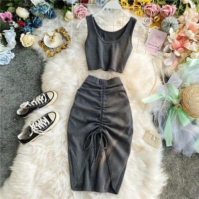 Set casual de dama de fusta si maiou model simplu