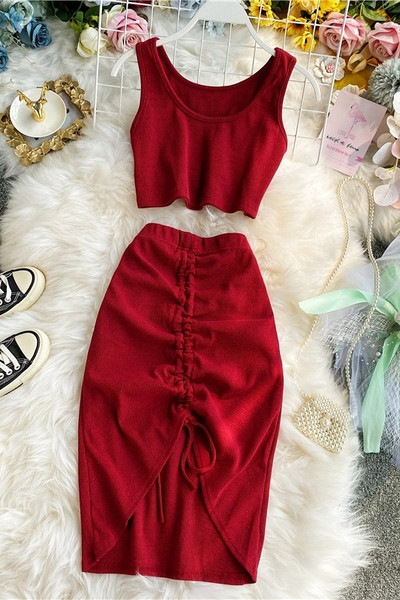 Set casual de dama de fusta si maiou model simplu