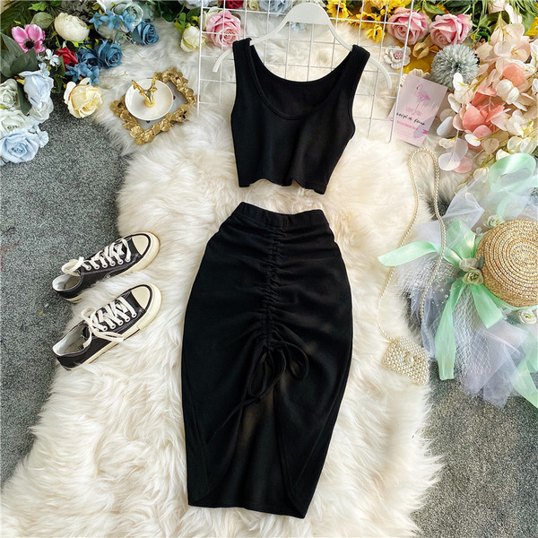 Set casual de dama de fusta si maiou model simplu