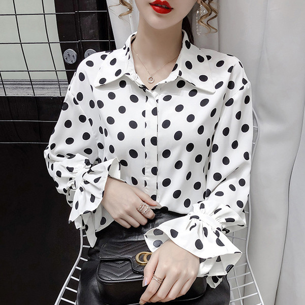 Naiste täpiline klassikalise krae ja pikkade varrukatega särk