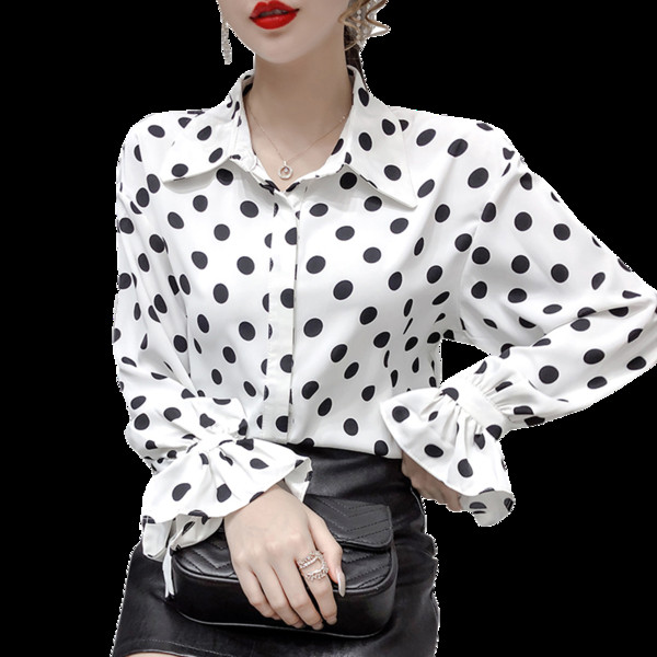 Naiste täpiline klassikalise krae ja pikkade varrukatega särk