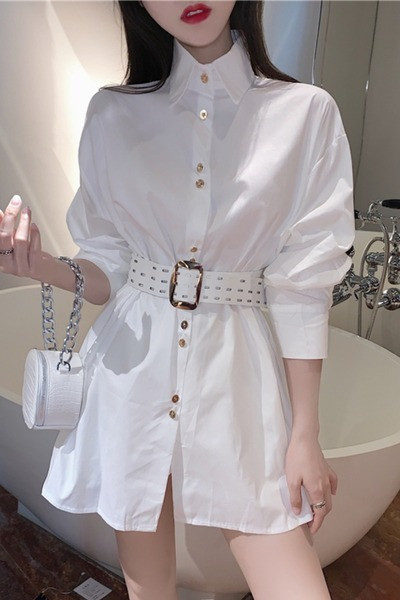 Γυναικείο μακρύ πουκάμισο με κλασικό γιακά και ζώνη