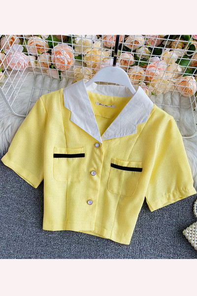 Női aktuális rövid ing klasszikus gallérral és zsebekkel