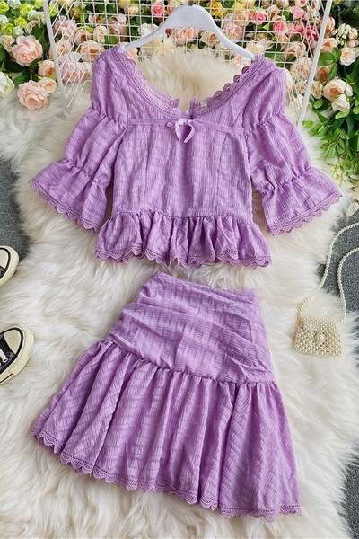 Set elegant de dama de fusta si bluza model simplu