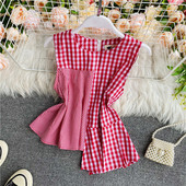 Női kockás felső aszimmetrikus modell ovális nyakkivágással