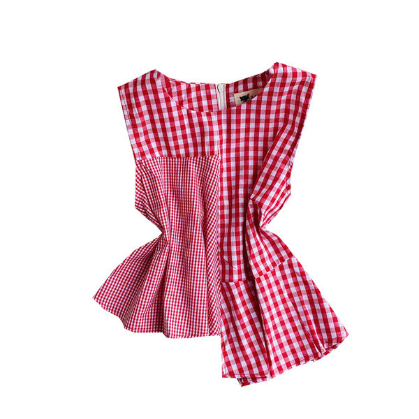 Női kockás felső aszimmetrikus modell ovális nyakkivágással