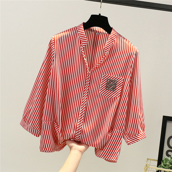 Csíkos női ing zsebbel és 7/8-as ujjal