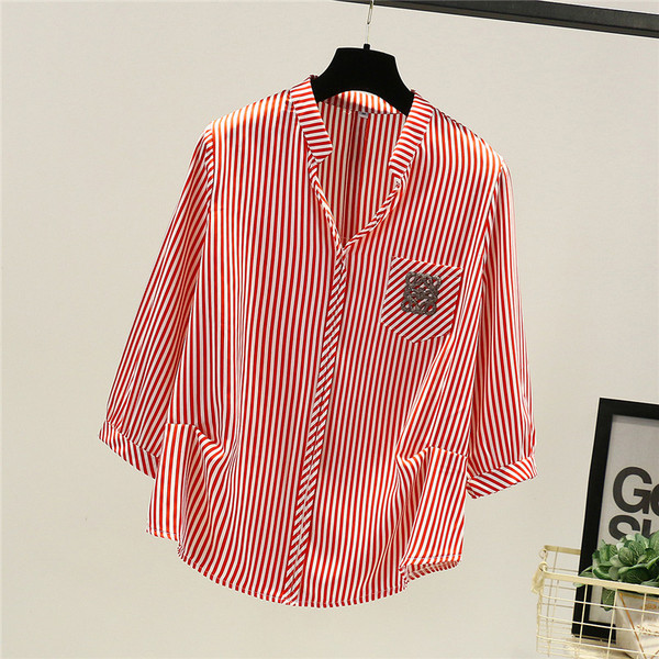 Csíkos női ing zsebbel és 7/8-as ujjal