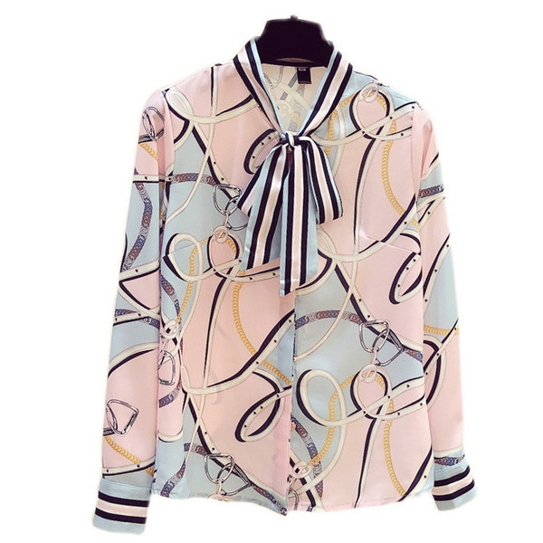 Cămașă de damă colorată, cu o panglică la guler și mâneci lungi