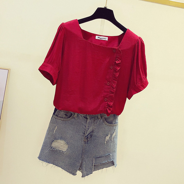 Sieviešu šifona krekls ar kvadrātveida kakla izgriezumu