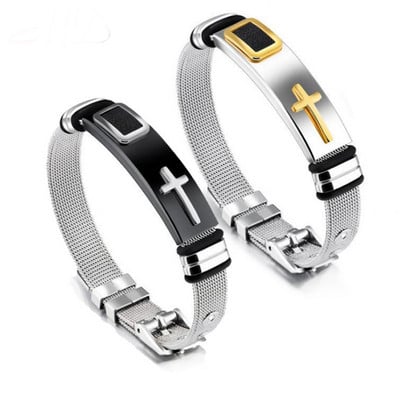 Men`s bracelet with a cross: silver and gold color