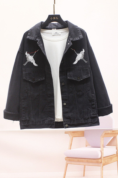 Geaca din denim moderna model larg cu broderie