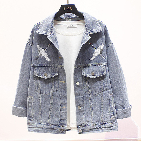 Geaca din denim moderna model larg cu broderie