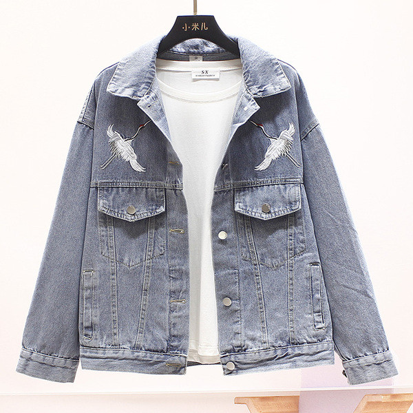 Geaca din denim moderna model larg cu broderie