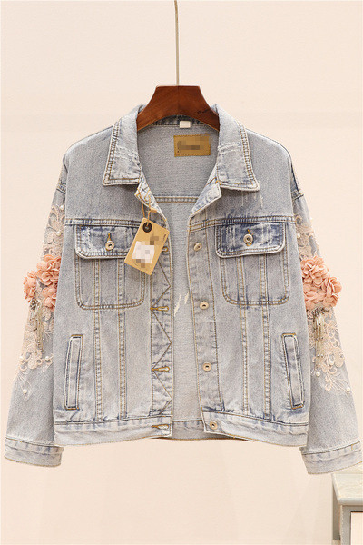 Μοντέρνο τζιν γυναικείο μπουφάν με τσέπες και τρισδιάστατα λουλούδια