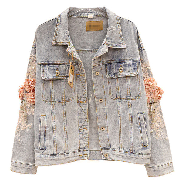 Μοντέρνο τζιν γυναικείο μπουφάν με τσέπες και τρισδιάστατα λουλούδια