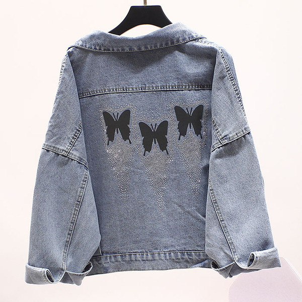 Naiste klassikalise krae ja kivikestega teksajakk