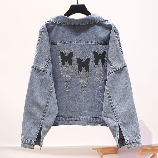 Naiste klassikalise krae ja kivikestega teksajakk