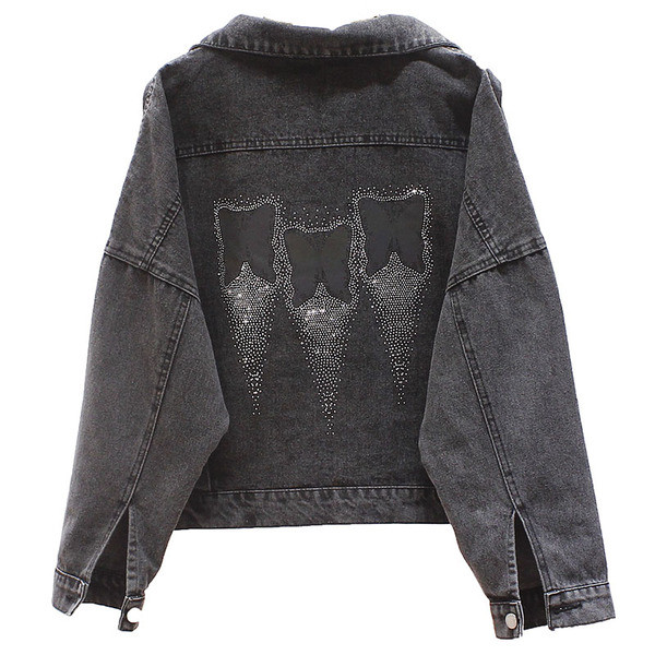 Naiste klassikalise krae ja kivikestega teksajakk