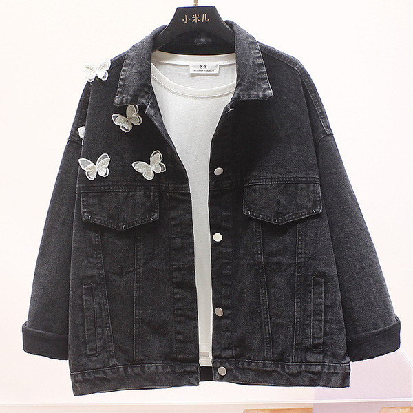 Γυναικείο μπουφάν μαύρο τζιν με 3D πεταλούδες