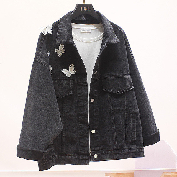 Γυναικείο μπουφάν μαύρο τζιν με 3D πεταλούδες