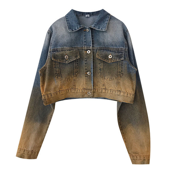 Kéttónusú farmer női kabát zsebekkel és gombokkal