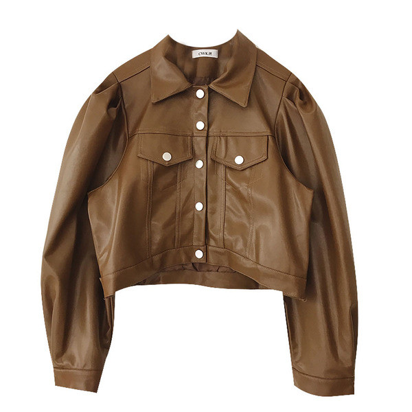 Rövid női bőrdzseki puffos ujjakkal és gombokkal