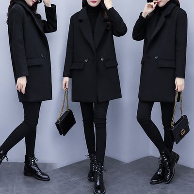 Класическо черно дамско палто с V-образна яка