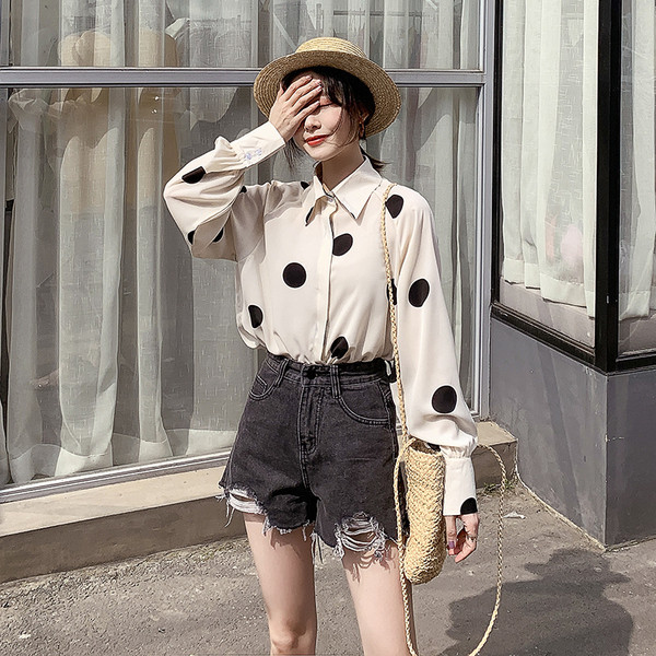 Sieviešu ikdienišķs punktveida krekls ar garām piedurknēm