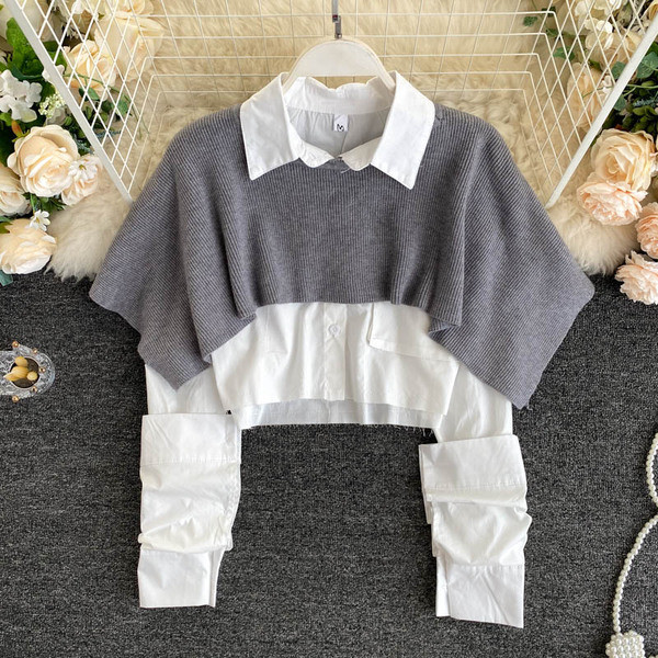 Női rövid ing klasszikus gallérral és hosszú ujjal